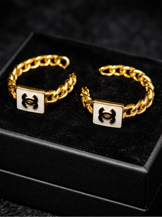 Luxury 18K Gold and White Chain Hoop Earrings with Chanel Logo Plaques - Picture 3 of 7